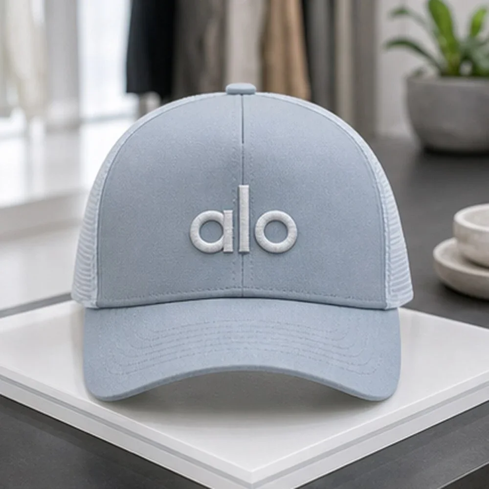 ALO Yoga Mist Blue Gray Pilates Mesh Trucker Cap Hat Logo
